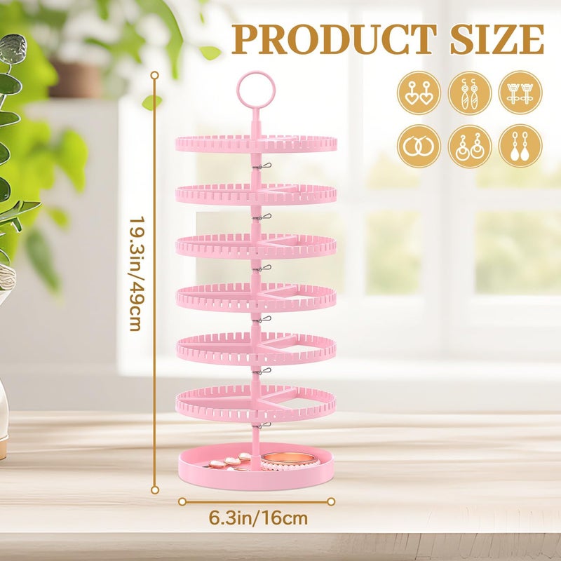 MODOWEY 6 Tier Rotating Earring Holder Organizer Display Tree with Metal Tray, Adjustable Plastic Stand with 342 Slots for Stud Hoop Hanger, Large Capacity Storage Rack for Women, Pink - Image 3